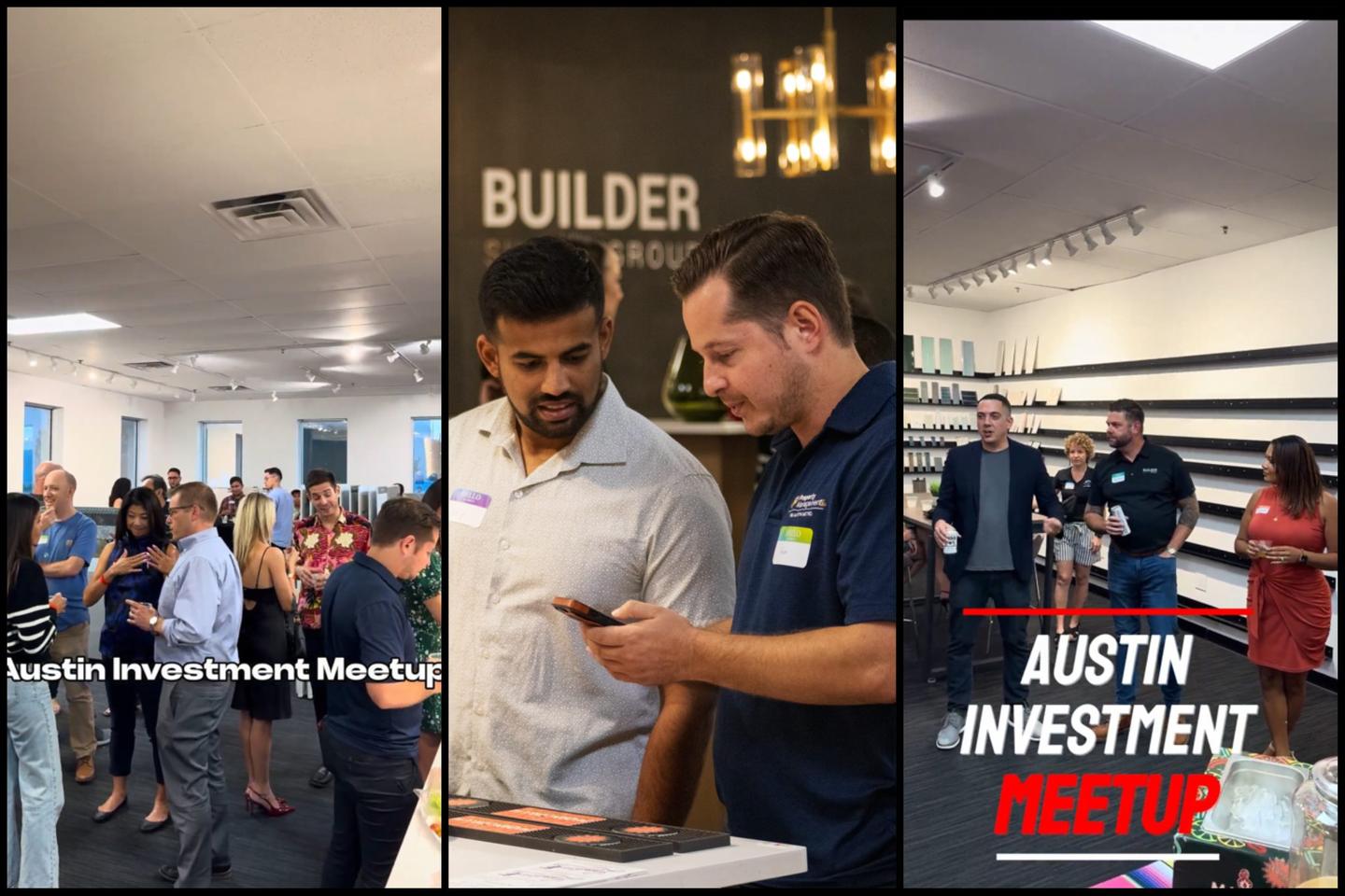 Austin real estate investors listening to a speaker at an evening meetup