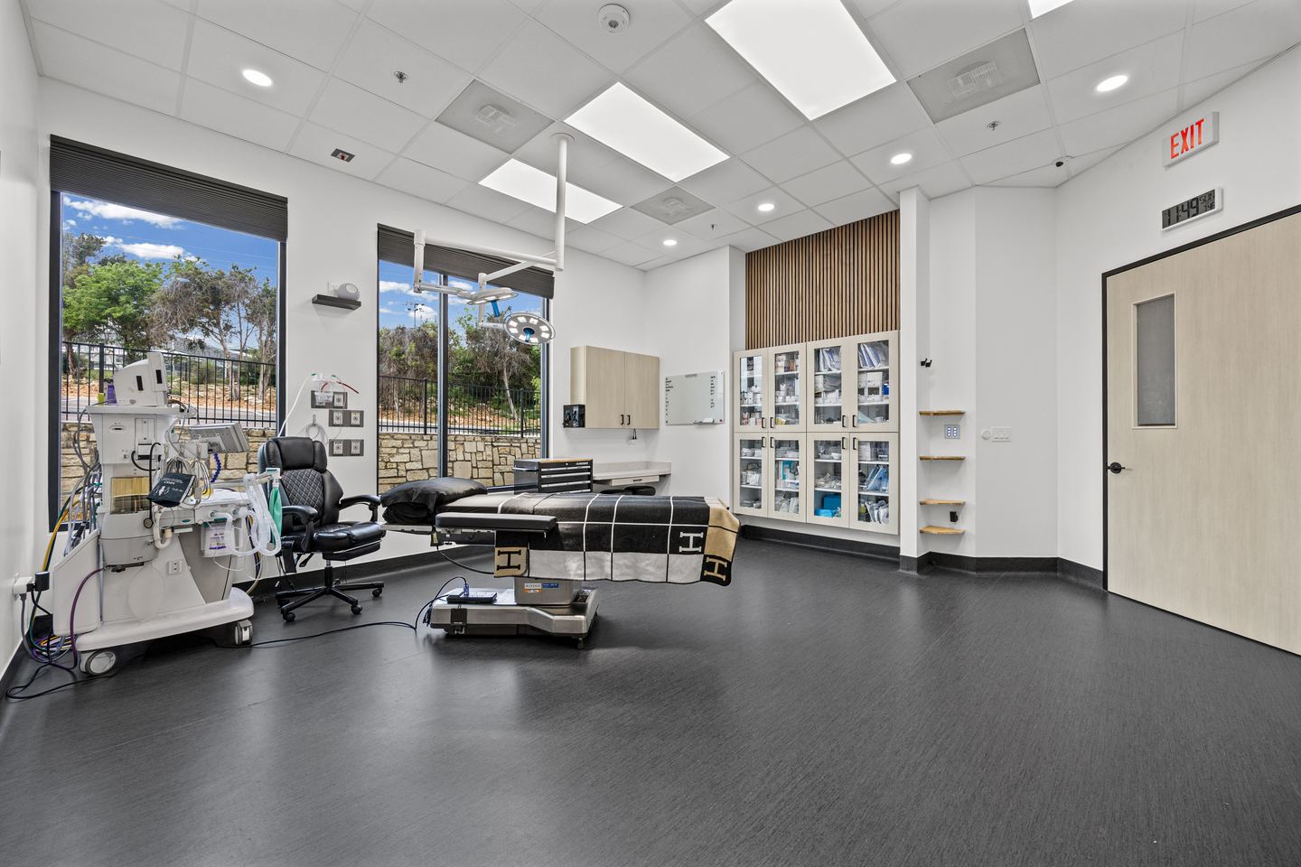 Procedure room with a treatment table, medical equipment, stocked glass cabinets and windows onto trees