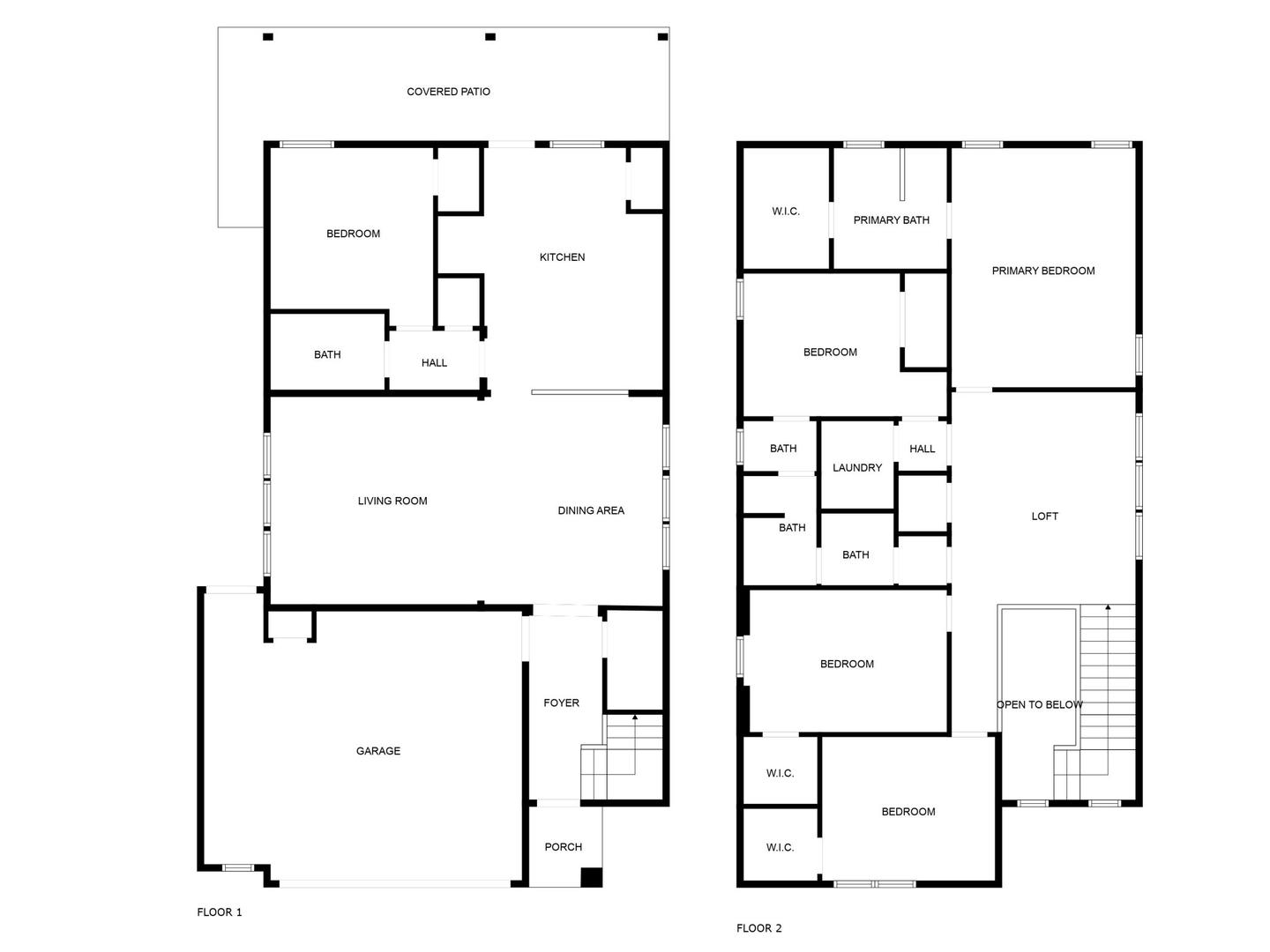 Black and white line drawing floor plan of a two story home with labeled rooms