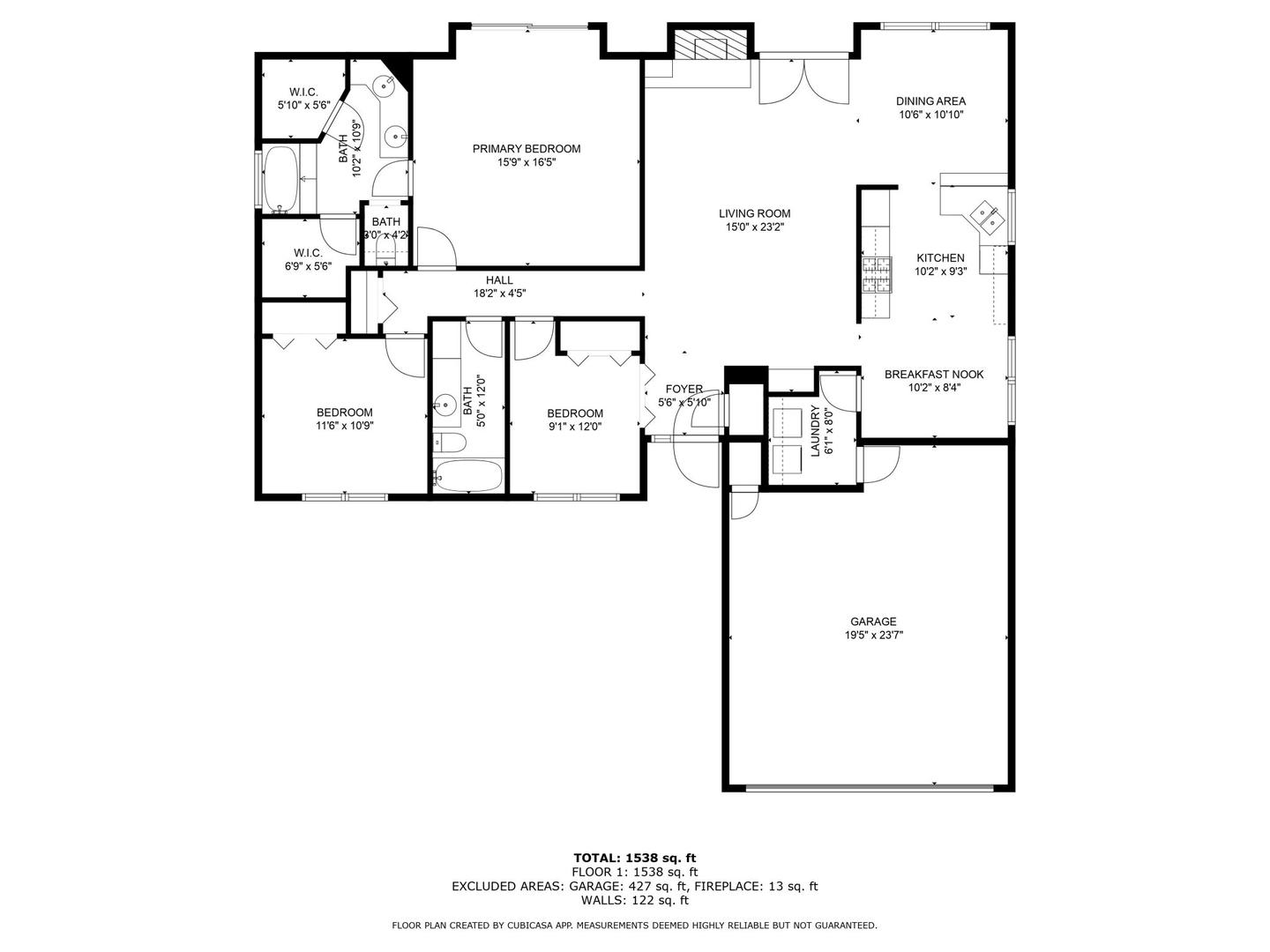 Measured single story floor plan for an Austin home with dimensions on every room