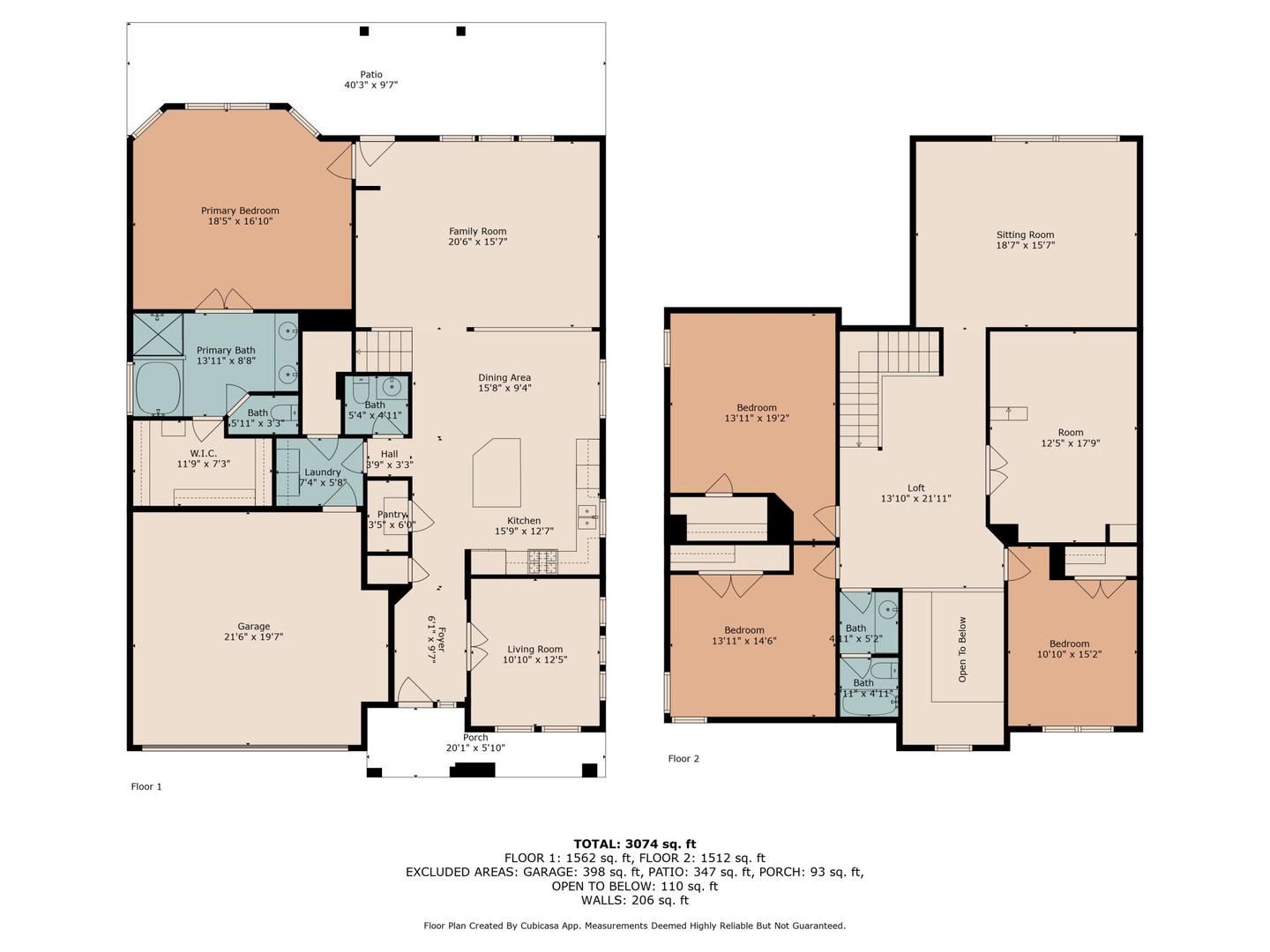 Two story measured floor plan for a Leander home showing both floors with room dimensions and total square footage